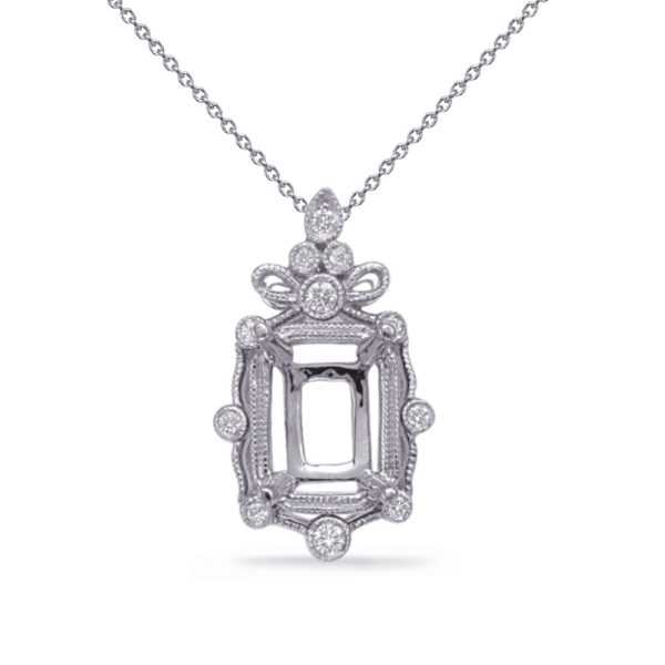 A silver pendant necklace with a rectangular central design embellished with small round diamonds.