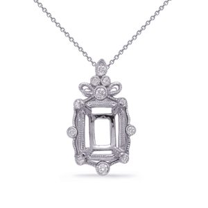 Silver necklace featuring a rectangular pendant adorned with decorative elements and small diamonds.