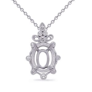 A silver necklace features a decorative pendant with an oval opening and intricate detailing.