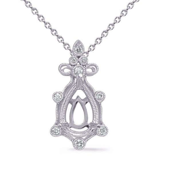 A silver necklace features an ornate pendant with a teardrop shape and multiple small, round diamonds surrounding it.