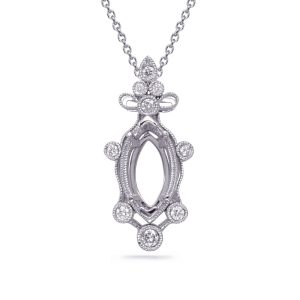 A silver necklace featuring an ornate pendant with a diamond-encrusted design and an oval cutout in the center.