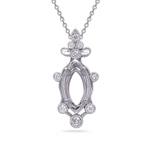 A silver pendant necklace with a floral design and embedded circular gemstones.