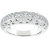 A silver ring with ornate detailing and embedded clear stones is displayed against a plain background.