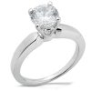 A silver engagement ring with a large round diamond set in a four-prong setting.