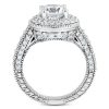 A detailed silver ring featuring a large central diamond surrounded by smaller diamonds along its band.