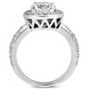 A silver ring features a large central gemstone surrounded by smaller stones in a decorative setting.