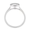 A silver ring with a large, round, clear gemstone is shown from the side.