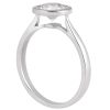 A silver ring with a round, clear gemstone prominently displayed on top.