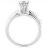 A silver engagement ring featuring a large, clear diamond held in a triangular setting.