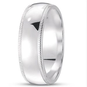 A polished silver wedding band with a beveled edge and a subtle textured design along the sides.