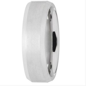 A round, silver ring with a brushed finish is displayed from a side view.