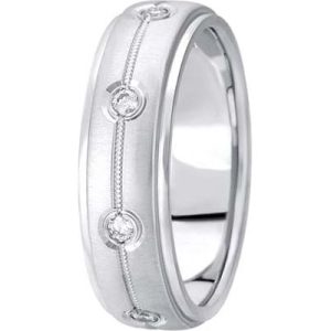 A silver wedding band featuring a brushed finish and three inset circular diamond accents.