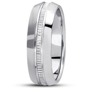 A polished silver ring with a textured middle band.