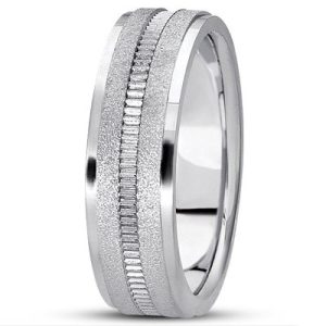 A silver ring with a textured surface and two horizontal grooves is displayed on a white background.