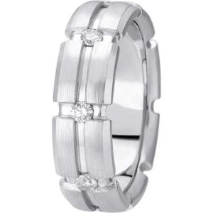 A polished silver ring featuring a series of horizontal bands and three small diamonds.