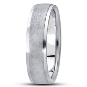 A silver wedding band with a brushed finish and polished edges is displayed on a white background.