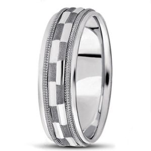 A silver ring with a patterned design featuring alternating matte and polished sections.