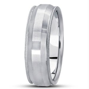 Silver ring with a brushed finish and decorative edges.