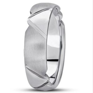 A polished silver ring with a geometric design featuring angular edges and a shiny inner band.