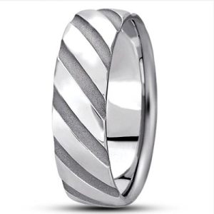 A silver ring with a twisted design and alternating smooth and textured surfaces on the outer band.