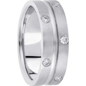 A silver wedding band featuring a brushed finish and several embedded round diamonds.