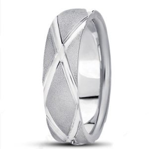 A silver ring with a textured band and crossed design elements is displayed against a plain background.