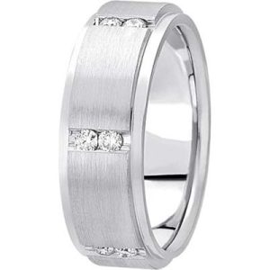 A silver wedding band with a brushed finish and three small inset diamonds.