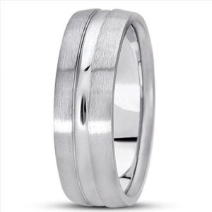 A silver wedding band with a brushed finish and a smooth groove along the center.