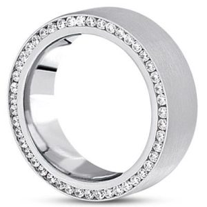 A sleek, silver ring with a brushed finish and a row of small diamonds around the edge.