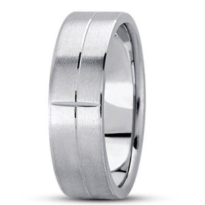 A silver wedding band with a brushed finish and two polished lines running vertically along its surface.