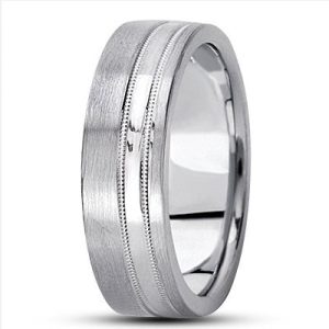 A silver wedding band with a brushed finish and a subtle groove detail.