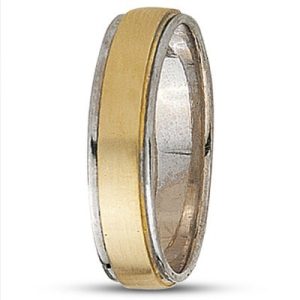 A two-tone band ring features a polished gold stripe in the center surrounded by a silver band.