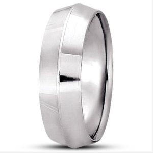 A silver wedding band with a brushed and polished finish is displayed from a side view.