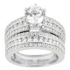 A diamond engagement ring featuring a prominent round center stone with multiple bands adorned with smaller clear stones.