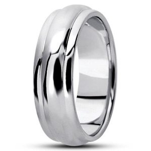 A polished silver wedding band with a smooth surface and a slightly curved design.
