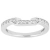 A silver ring with a straight band features a row of sparkling clear gemstones along one side.