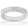 A silver ring with a leaf-patterned design is displayed on a white background.