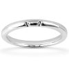 A silver wedding band with a smooth, polished surface displayed against a white background.