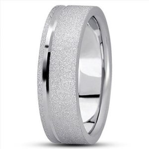 A silver ring with a textured surface and a smooth inlay stripe is displayed against a white background.