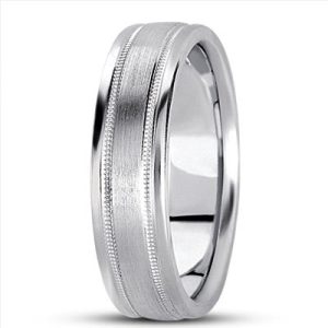 Silver wedding band with a brushed finish and a polished edge.