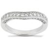 Silver ring with a curved band set with multiple clear gemstones along the top.