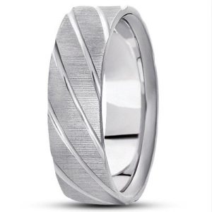 A silver wedding band with a textured, twisted design.