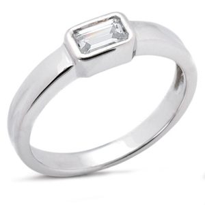 A silver ring with a rectangular diamond is displayed prominently.