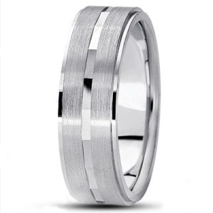 A silver ring with a brushed finish and a pattern of alternating shiny and matte sections.