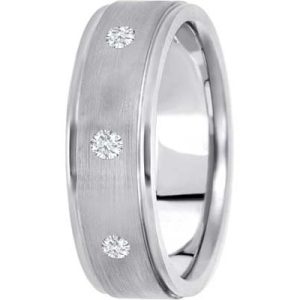 A brushed silver ring with three embedded diamonds along its band.