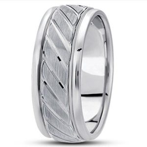 Silver ring with a textured diagonal pattern.