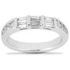 A silver ring with a series of rectangular and square-shaped gemstones is displayed.