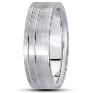 A polished silver wedding band with two horizontal grooves on its surface.