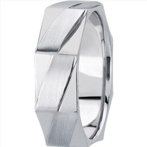 A polished silver ring with a geometric design featuring angular grooves and a reflective surface.