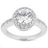 A silver ring featuring a large round diamond surrounded by smaller accent diamonds.